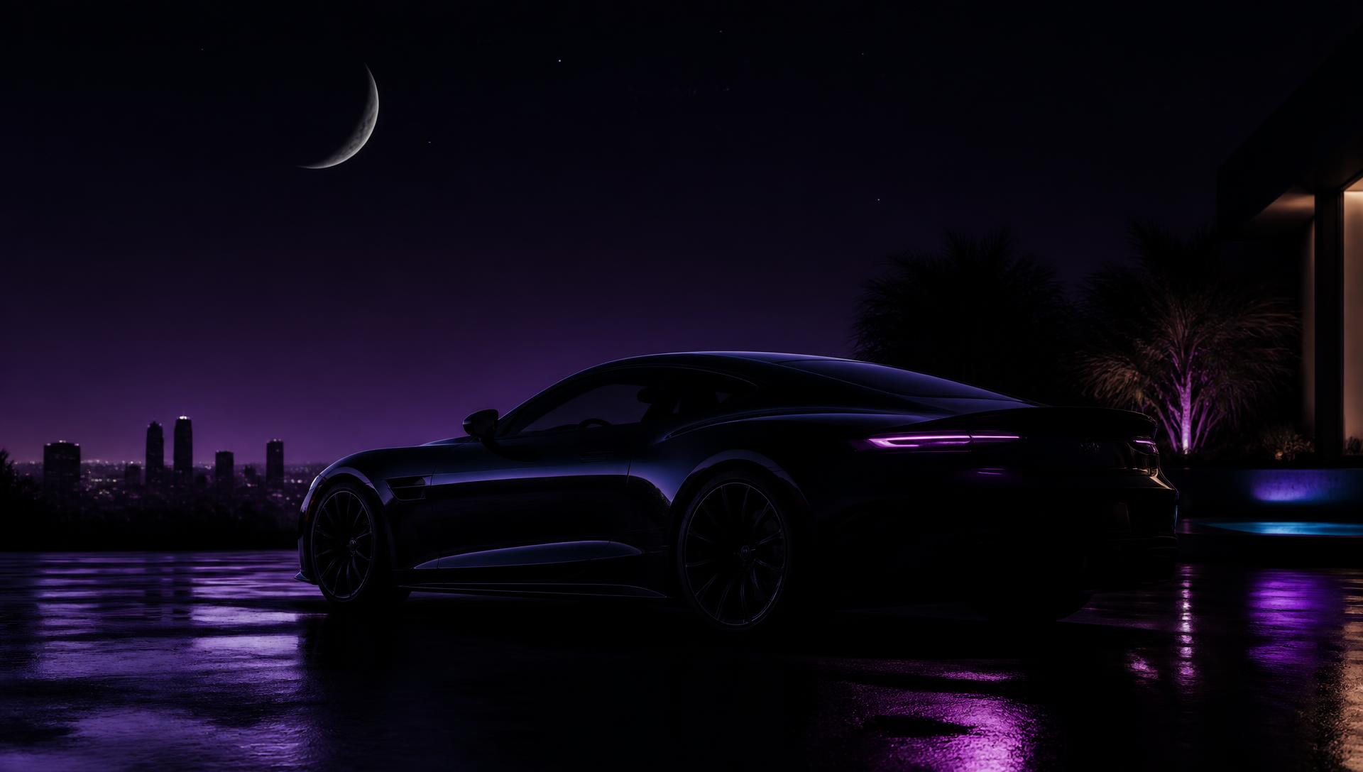 Luxury black sports car detailed under a crescent moon at night